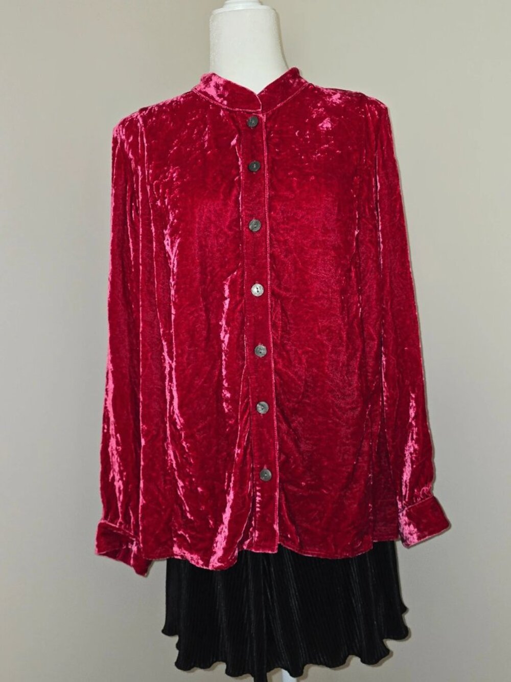 J. Jill Red crushed velvet button down blouse pleated peplum tunic holiday